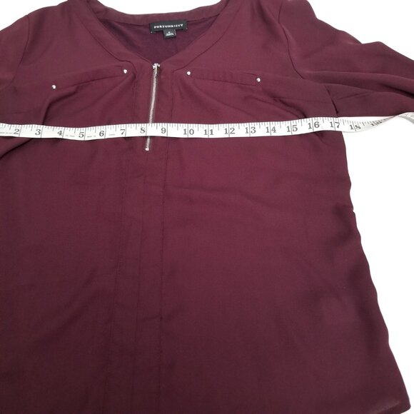 Fortune and Ivy Blouse M Wine Burgundy Zip Front 3/4 Sleeves Stretch - Picture 8 of 9